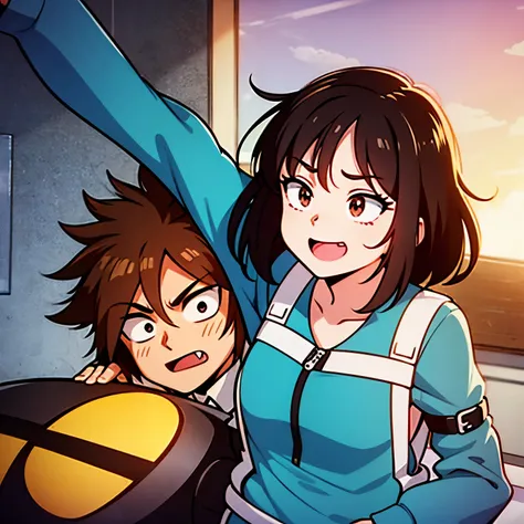 make me a picture panel boku no hero academia comics, 15 year old girl, light skinned, with brown eyes and long dark brown hair, dressed in a light blue superhero costume