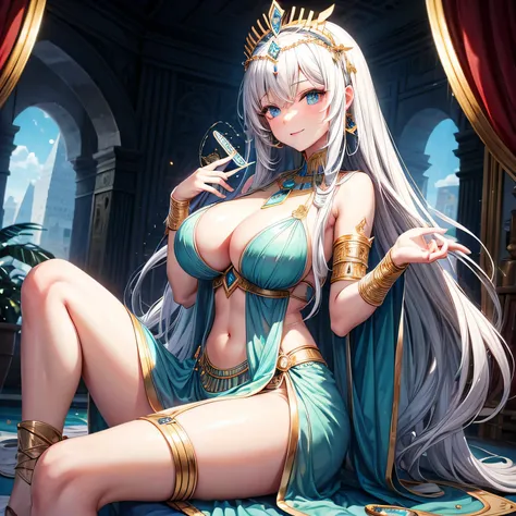 Whitening　gray hair　long hair　blue eyes　smile　tiara　green egyptian costume　Beauty　sexy　big breasts　Mature　whole　mysterious　charming　Tempting　Suspicious　pyramid　Key in the Valley　beautiful breasts　hide your mouth　fortune teller　holding a tarot card in hand　...