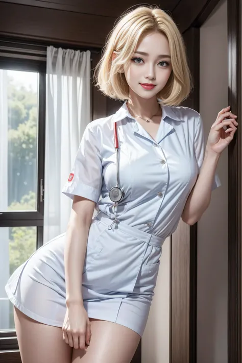 (3 Ultimate Beauty Nurse)、{{{masterpiece}}}， {Oh oh oh, Oh, really：1.2}， best quality， official art， Highly detailed CG Unity 8k wallpaper， The facial details are very rich、delicate lips、delicate eyes、double eyelids、((Blonde Bob hair))、(Nurse:1.3)、(charmin...