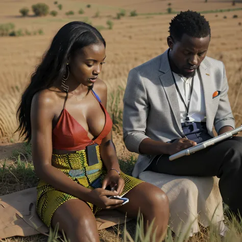 A tablet written Elijahonan fx next to an African man and woman doing forex on the phone in the field