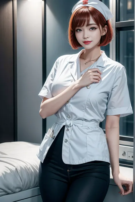 (3 Ultimate Beauty Nurse)、{{{masterpiece}}}， {Oh oh oh, Oh, really：1.2}， best quality， official art， Highly detailed CG Unity 8k wallpaper， The facial details are very rich、delicate lips、delicate eyes、double eyelids、((red bob hair))、(Nurse:1.3)、(charming f...