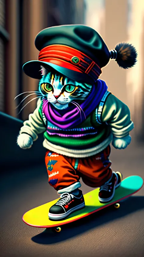 an extremely detailed painting，Drawing of a cat wearing a hat and scarf, Riding a stylish skateboard at the art station, wearing punk clothes, Detailed hyper-realistic rendering, british gangster, Street style, threatening posture, cat planet, fashion clot...