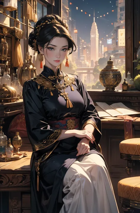 A painting of a beautiful young woman standing quietly, night of summerside, beautiful hong kong night view, flower of society, Chinese secret agent, A talented female spy, First Class Saboteur She is wearing an elegant purple cheongsam., Works that influe...