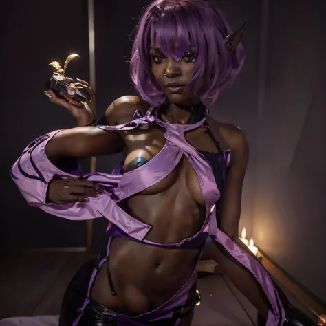 there is a woman with purple hair and a purple top, epic 3 d oshun, succubus in sundress portrait, succubus in tight short dress, african female android, dark elf, inspired by Shukei Sesson, dark elf princess, biomechanical oppai, 2 b, 2b, epic 3 d yemaya