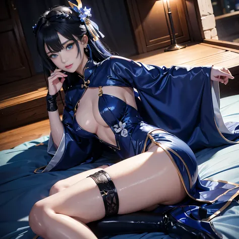 ((Raiden Shogun in Genshin Impact)),((semi long beautiful dark blue hair,beautiful blue eyes)),
high angle,from above,cleavage,((1girl, elegant beautiful night dress)),  ((masterpiece, highest resolution)), (beautiful illustration), (lying on the bed),(loo...