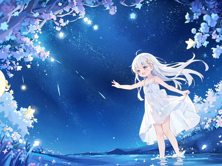 an ocean of stars, night sky, colorful, ethereal, charming girl in a white sheer babydoll dress, white hair, walking on the water, Her smile was filled with tenderness and joy, giant crescent white moon dipping into the water in the background, (((((((star...