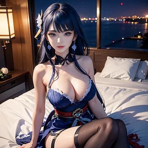 ((Raiden Shogun in Genshin Impact)),((semi long beautiful dark blue hair,beautiful blue eyes)),
high angle,from above,cleavage,((1girl, elegant beautiful night dress)),  ((masterpiece, highest resolution)), (beautiful illustration), (lying on the bed),(loo...