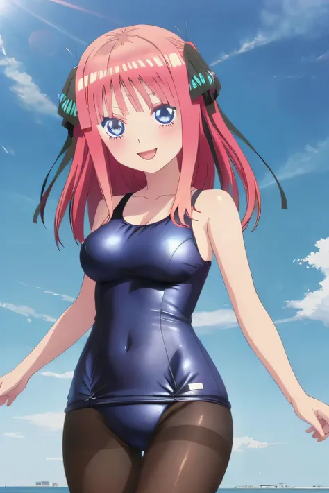 best quality, ultra-detailed masterpiece, anime art style, cute characters, nino nakano, smile, one-piece swimsuit, breasts, pantyhose