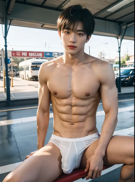 young man, 22 years old, Good looking, Looks like a Korean actor, หน้าตาเหมือน K pop idol, ใบหน้าhandsome, white skin, small mouth, Slender face, very short hair, well care hair, handsome, Confident eyes, fit, Broad shoulders, have abdominal muscles, naked...