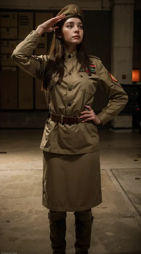 beautiful female soldier doing military salute, beautiful stereotypical Russian face, long brown hair, Soviet style military cap, pale skin, Soviet style military uniform Light brown fabric with red details, simple military skirt, she is in concrete bunker...