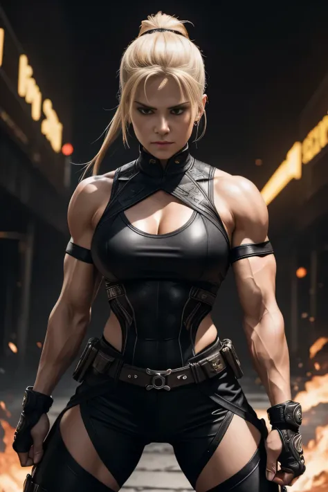 Create a captivating visual representation of Sonya Blade, a fierce and powerful combatant in Mortal Kombat, with a toned and athletic physique. Emphasize her defined muscles, sharp facial features, and striking blonde hair pulled back into a tight bun. He...