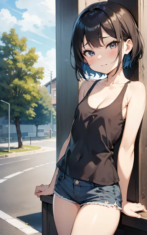 realisticlying，flat color, anime coloring, extremely detailed CG、high resolution、absurderes、detailed background:1.3、1 girl、、(、cleavage、shiny skin、 small breasts、 childs body shape:1.2 , disdain:1.2、shorts、tank top、very short cut), outdoor
