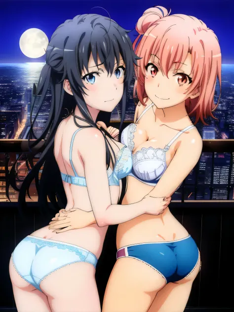 2 girls , Yukinoshita Yukino , yuigahama yui , waltz dance , 2 girls , Yukinoshita Yukino , Yuigahama Yui has a wonderful bust and hips.............., waltz dance , In underwear,Pale pink bra,belly button,panties,white bra、butt side lace panties,white pant...