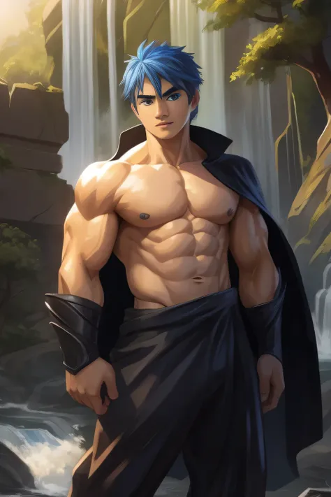 boy, very attractive boy, mexican ethnicity. tan skin, cobalt blue hair, almost completely shaved hair, young man, solo, Attractive. handsome face. mischievous expression, blue eyes, he wears brown Jedi-style baggy pants dark, black cape, bare chest, open ...