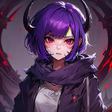 1girl, purple short hair , red eyes, horns over the head