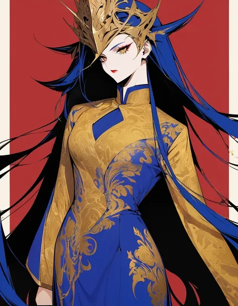 domineering female ceo with exaggerated posture, royal blue and gold fabric, contrasting long hair, minimalist art, pure klein r...