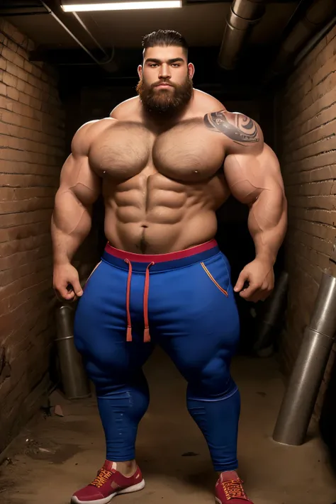 tattoos, glistering skin, oily skin, immensely extremely muscular bara; (((supernaturally giant, muscular buffy handsome young dude))), chilling at a basement, full body, broad massive jawline, chiseled face, extremely huge shoulders, enormous biceps, musc...