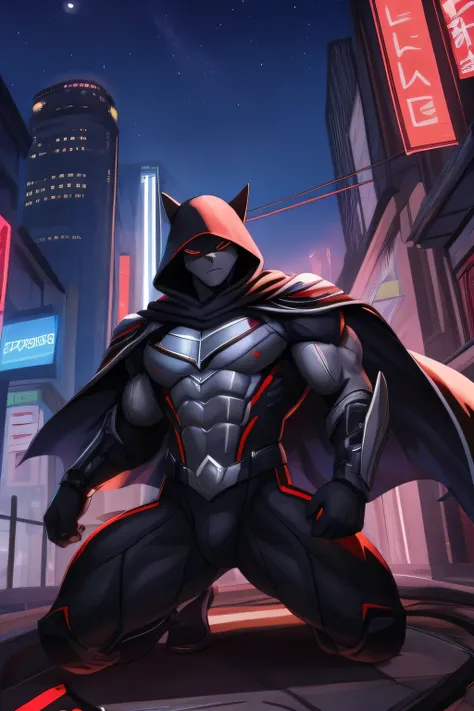 The highest quality, perfect masterpiece, perfect art, 8K, 1male, super hero,  solo, muscular, Japanese, long black cape, black hood, night, serious, cold, masked, red eyes, on top of a building, vigilante, trained physique, ninja style, black clothing all...