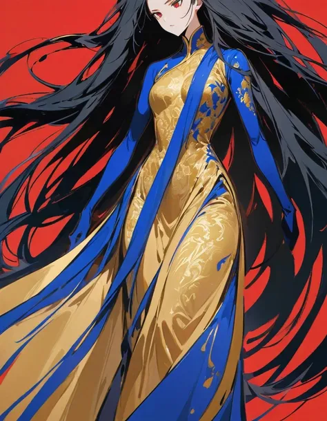 female knight with exaggerated posture, royal blue and gold fabric, contrasting long hair, minimalist art, pure klein red backgr...