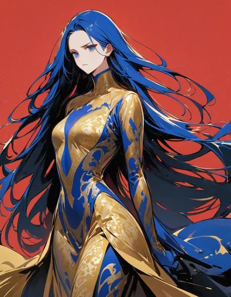 female knight with exaggerated posture, royal blue and gold fabric, contrasting long hair, minimalist art, pure klein red backgr...