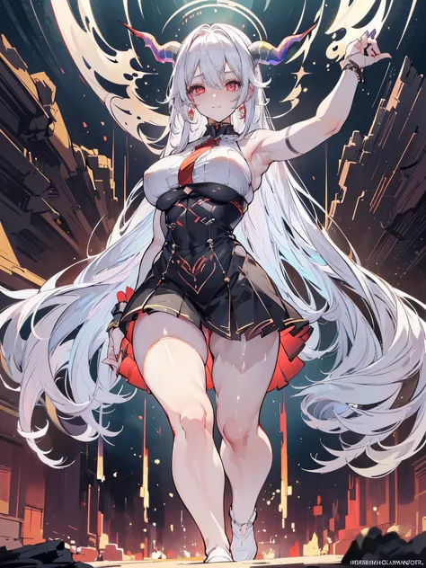 a demon girl, white hair, long sideburns with ribbons tied, long sideburns, luminous golden eyes, long earrings, devilish smile, white hair, (((she is in a shy but also threatening position))), full body, scenery random, {extremely detailed 16k CG unit wal...