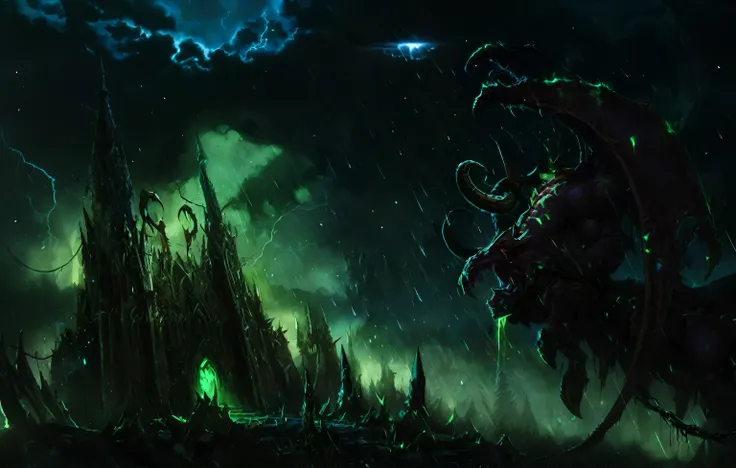 Demonic creature in dark forest，There is lightning and castle, World of Warcraft Art style, World of Warcraft splash art, World of Warcraft concept art, Wallpaper Splash Art Promotional Art, World of Warcraft Art, blizzard warcraft artwork, Blizzard game c...