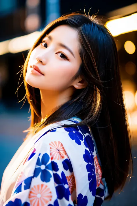 Beautiful Japanese supermodel woman, A lock of hair with slight highlights, black eyes, Sexy，street background，Gorgeous kimono , Liquid color flows across her face, Shooting against the light，Perfect facial lighting，mixed media