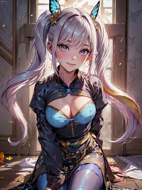 (masutepiece:1.3), (8K, Photorealistic, Raw photo, Best Quality: 1.4), Beautiful face, (Realistic face), Beautiful detailed eyes, (Realistic skin), Attractive, Intricate details,Golden ratio,  1 girl,Naughty smile, (rainbow hair:1.4),((Long twintails,Ribbo...