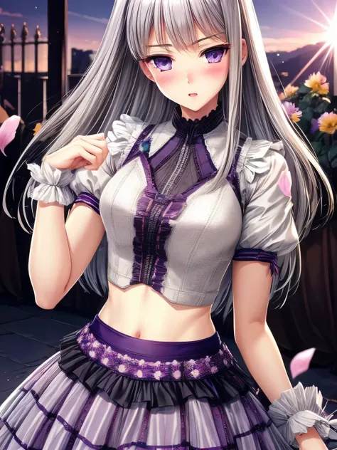 realistic, 1 girl, gray hair, purple eyes, shining eyes, crop top, skirt, parted lips, blush, night, flowers, sun, sunlight,