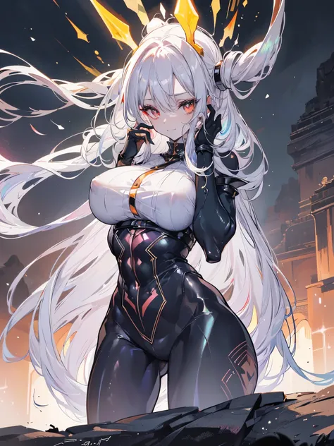 a demon girl, white hair, long sideburns with ribbons tied, long sideburns, luminous golden eyes, long earrings, devilish smile, white hair, (((she is in a shy but also threatening position))), full body, scenery random, {extremely detailed 16k CG unit wal...