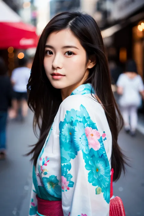 Beautiful Japanese supermodel woman, A lock of hair with slight highlights, black eyes, Sexy，street background，Gorgeous kimono , Liquid color flows across her face, Shooting against the light，Perfect facial lighting，mixed media