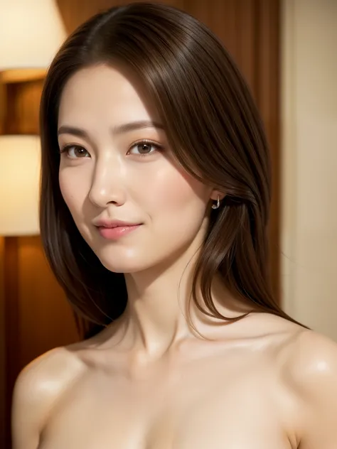 High resolution, High level image quality, high detail, masterpiece, rough skin, anatomically correct, sharp, 55 year old Japanese、1 person、((facial wrinkles)), open your mouth a little、good shape big breasts, Straight light brown hair that reaches to the ...