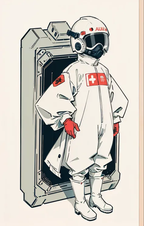  (ultra detailed,ultra high res,detailed background),((2D)),((flat color)),((muted color)), 1solo, looking at viewer, white hazmat suit, (big red galoshes), plush collar, full body image, square helmet