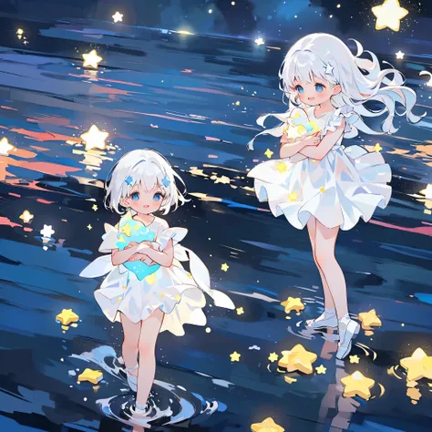 an ocean of stars, night sky, colorful, ethereal, ((((charming girl in a white tutu holding an armful of glowing stars))), white hair, walking on the water, Her smile was filled with tenderness and joy, giant crescent white moon dipping into the water in t...