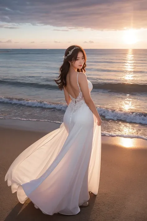 1girl, wedding gown, upperbody, seashore, sunset,dynamic angle,