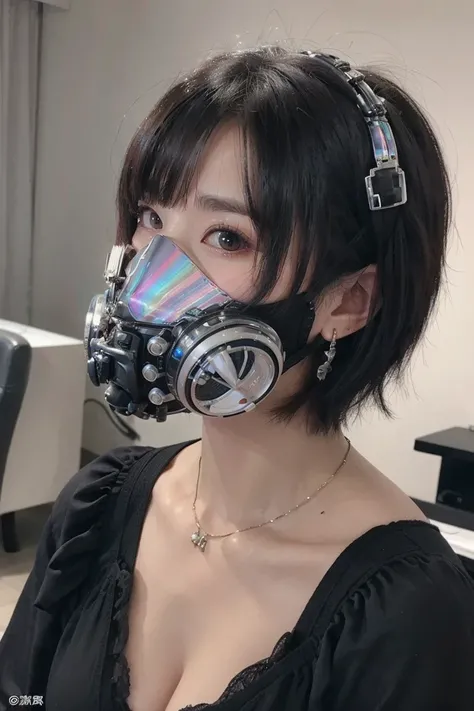 Girl with rainbow colored eyes, thick lips, small mouth, big lashes, very short hair, short bob hair, long sideburns, perfect shiny skin, earrings, beautiful smile, (((complex and detailed scifi mask))), focus in face, {extremely detailed 16k CG unit wallp...