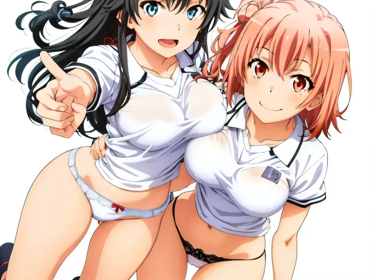 2 girls , Yukinoshita Yukino , Yuigahama Yui&#39;s bust and pussy are amazing, waltz dance , white gym uniform,white lace panties,light pink lace panties,thighs,high angle,look at the camera,smile