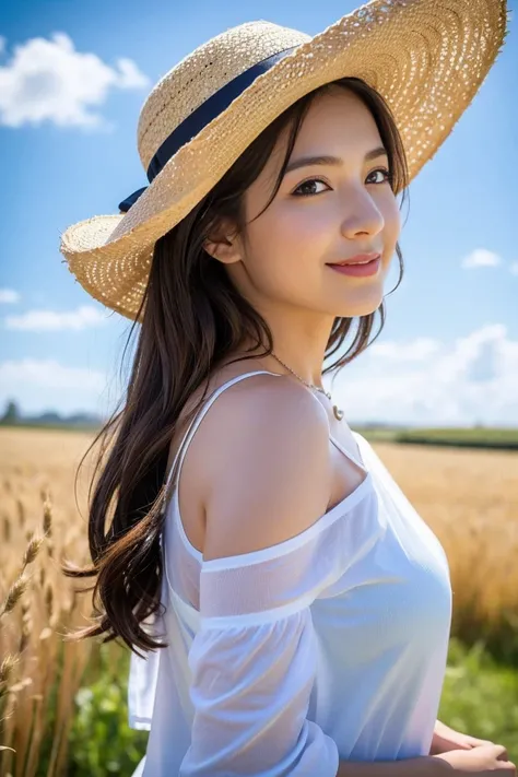 (best quality:1.1),(masterpiece:1.1), (from side:1.3), wheat field,1 girl,straw hat,(yellow long hair:1.15),(curly hair:1.1),(blue eyes:1.2),smile,(sweat:1.1),(white shirt:1.1),(wet clothes:1.1),(upper body:1.1),woven straw hat,(blue towel around the neck:...