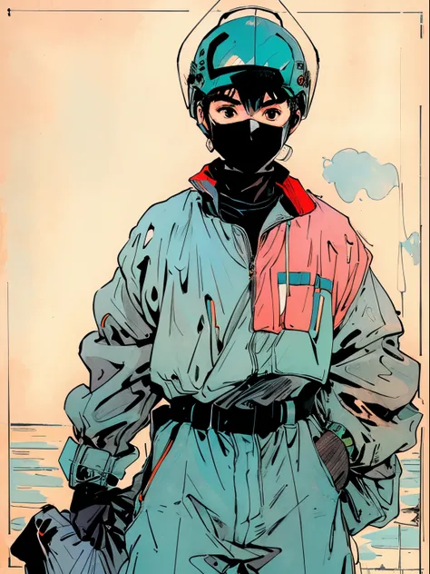  (ultra detailed,ultra high res,detailed background),((2D)),((flat color)),((muted color)), 1solo, looking at viewer, wearing a wetsuit, (helmet with mask), utility belt, full body image, square helmet