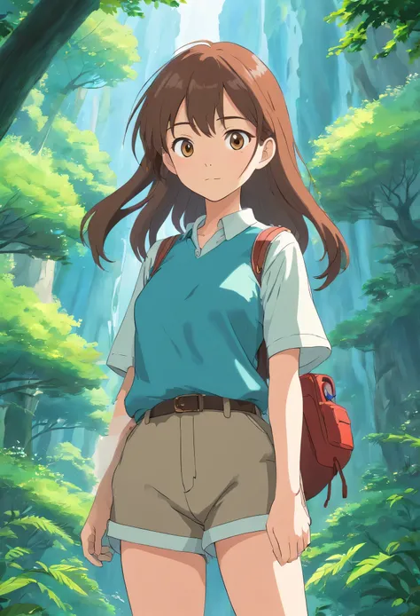 Imagem de corpo todo de uma mulher de 18 anos, pele parda, cabelos castanhos claro, straight waist length hair , olhos castanhos, 1,65 de altura, seios grandes e bunda grande, usando uma blusa grande e shorts, she is a biologist 