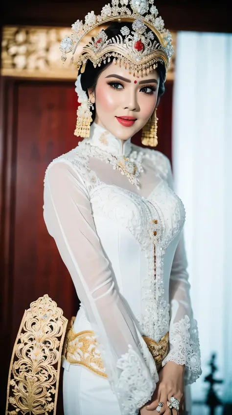 photography, beautiful indonesian woman, white skinned, wearing a white sundanese kebaya, wearing jewelry, flawless makeup, red ...