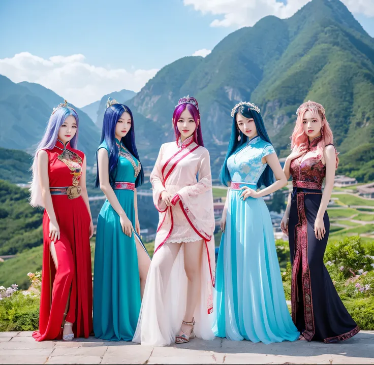 a group of chinese&korean beautiful women(20 years old) with colored hair and Detailed with all the clothes from top to bottom (clothes usually worn by beautiful, elegant, charming, Partially sexy clothes, goddesses), standing, With a backdrop in the majes...