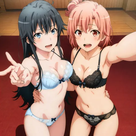 2 girls , Yukinoshita Yukino , yuigahama yui'bust and pussy are amazing, waltz dance , In underwear,bra,white lace panties,Light pink lace panties,pussy line,thighs,high angle,look at the camera,smile,I'm embarrassed and blushing,playground