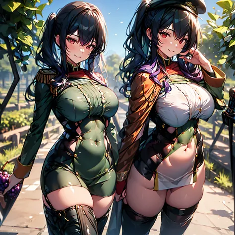 a woman in a green military uniform with black details, dark purple hair, orange eyes, walking through a grape plantation, smiling, big breasts, very detailed, masterpiece, ultra resolution, 4k hd.
