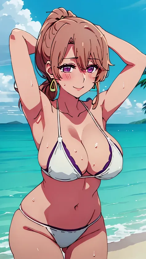 beachwater,sea,happy smile,(white bikini:1),(gigantic breasts:1),sweat,steam,blush,saitou_miyako_oshinoko,brown_hair, bangs, long_hair, earrings, jewelry, hair_between_eyes, closed_mouth, purple_eyes,mature females,ponytail,arms up