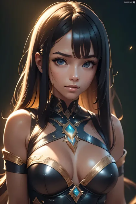 Generate a high quality realistic 3D image of a beautiful 18 year old girl character, (dark skin: 1.2) using advanced rendering and modeling techniques. (16k resolution: 1.2). The girl is half naked in lace clothes and (intricate mystical legendary warrior...