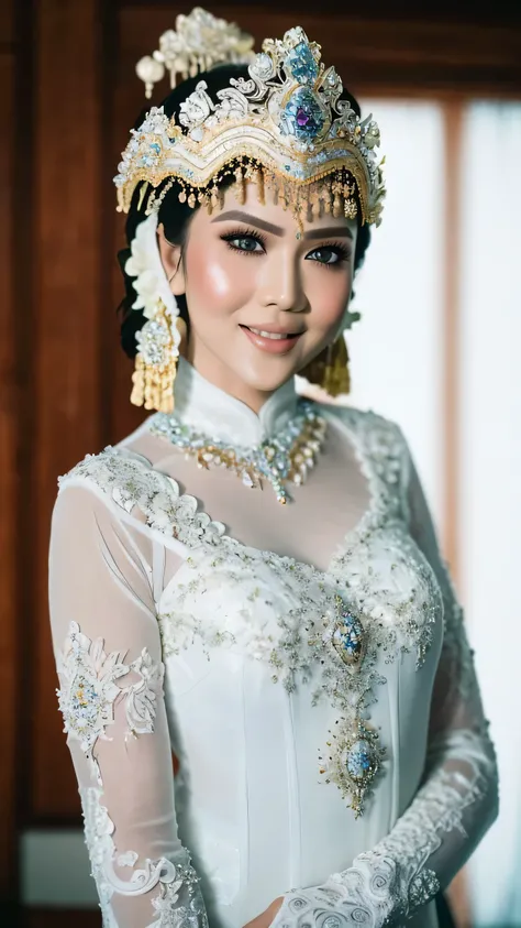 photography, beautiful Indonesian woman, white skinned, wearing a white Sundanese kebaya, wearing jewelry, flawless makeup, Sundanese traditional house background, blurred background, realistic, 8K, Focus