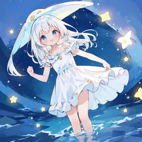 an ocean of stars, night sky, colorful, ethereal, charming girl in a white tutu, white hair, walking on the water, her smile was...