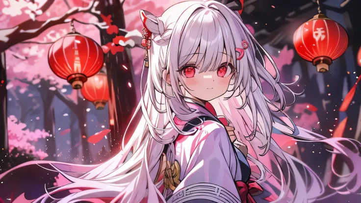 white hair girl、long white hair、japanese style hair ornament、furisode with very long sleeves and a colorful and gorgeous design、...