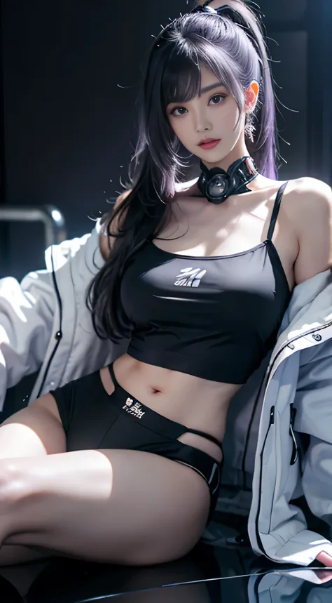 masterpiece,best quality,high resolution,8k，Focus on the thighs and above,RAW photos,digital photography,(Sci-fi style female family),20 year old girl,Long ponytail hairstyle,through bangs,(purple eyes),(white hair),A plump chest,felling,Elegant and noble,...